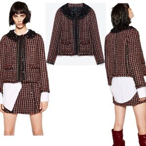 Zara red black white tweed plaid check mesh faux pearl rhinestone collar blazer